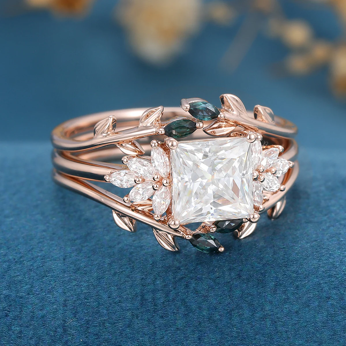 3PCS 2 Carat  Princess cut Moissanite cluster Engagement Ring Bridal Set - Image 3