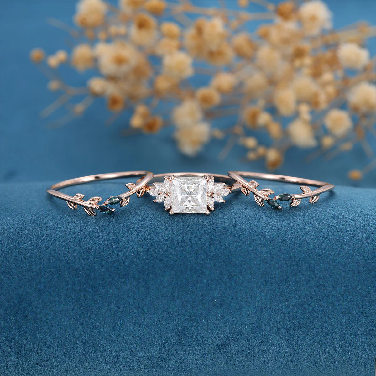 3PCS 2 Carat  Princess cut Moissanite cluster Engagement Ring Bridal Set - Image 4