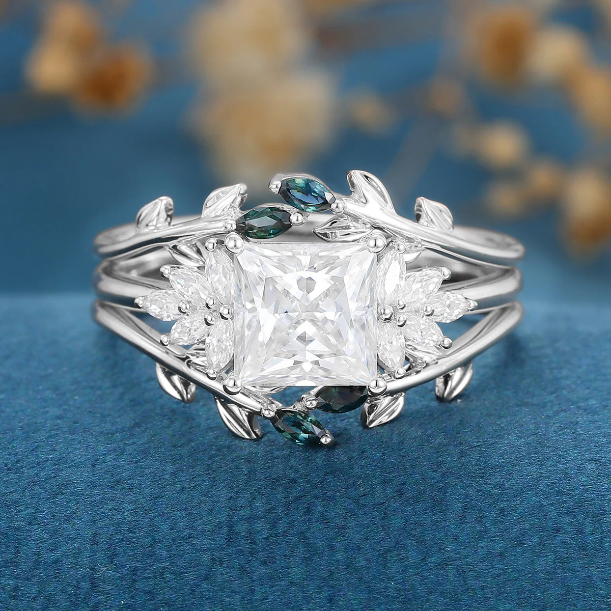 3PCS 2 Carat  Princess cut Moissanite cluster Engagement Ring Bridal Set - Image 5