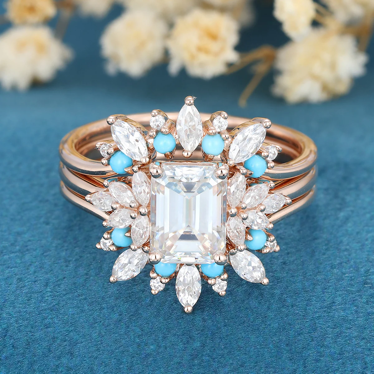 1.7Carat Emerald Moissanite Cluster Engagement ring Bridal Set - Image 3