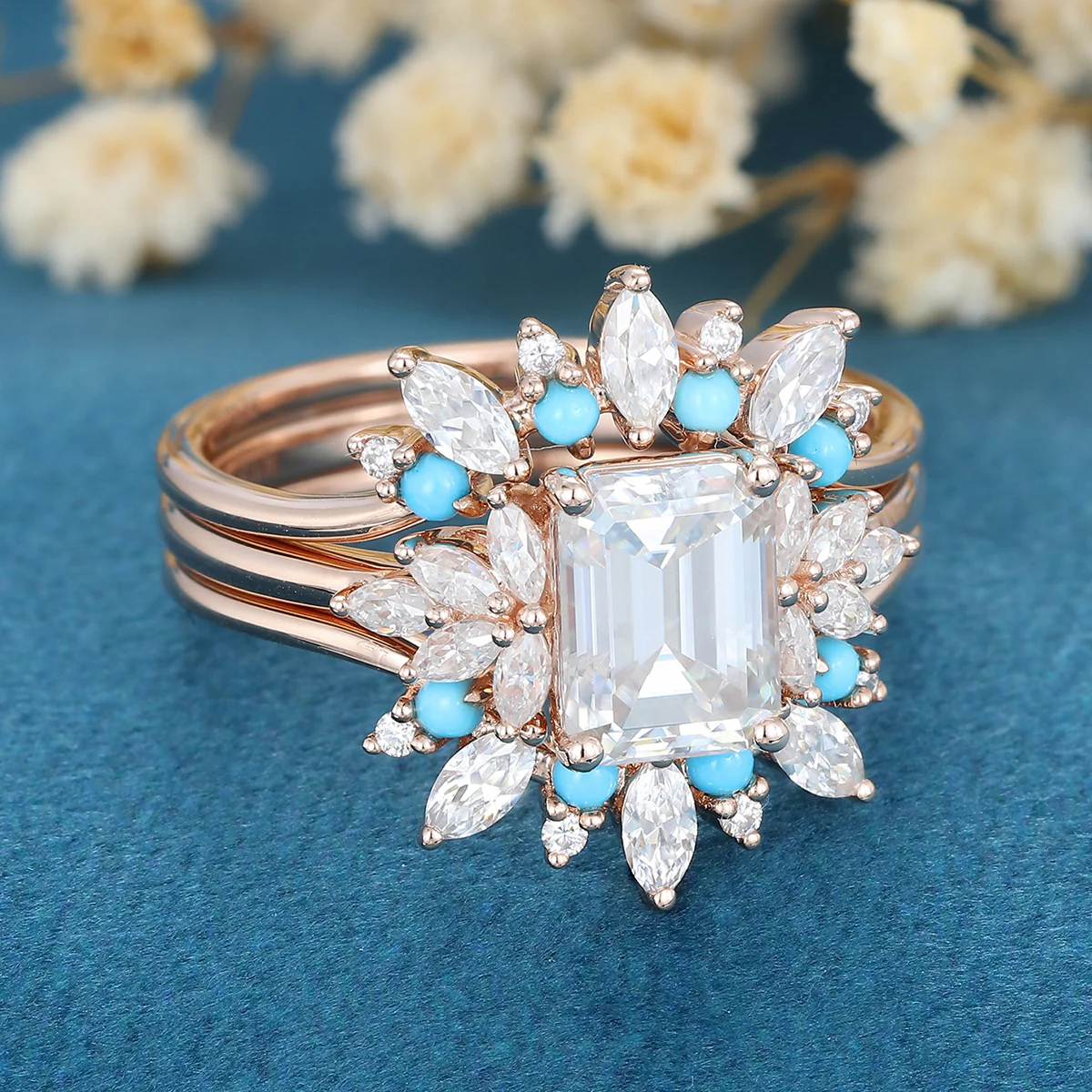 1.7Carat Emerald Moissanite Cluster Engagement ring Bridal Set - Image 4