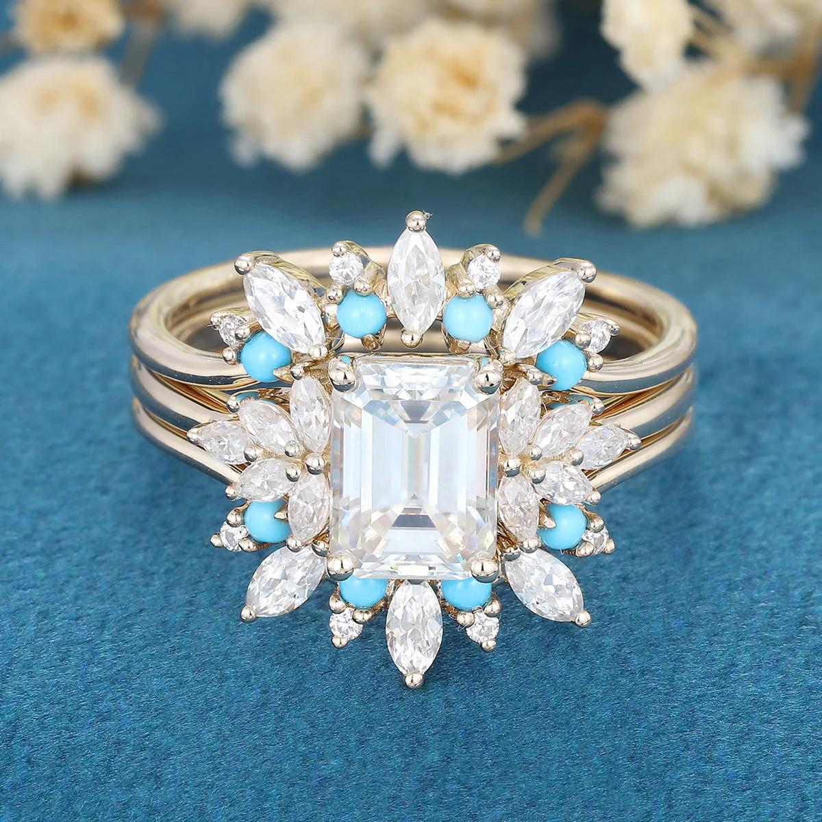 1.7Carat Emerald Moissanite Cluster Engagement ring Bridal Set - Image 5
