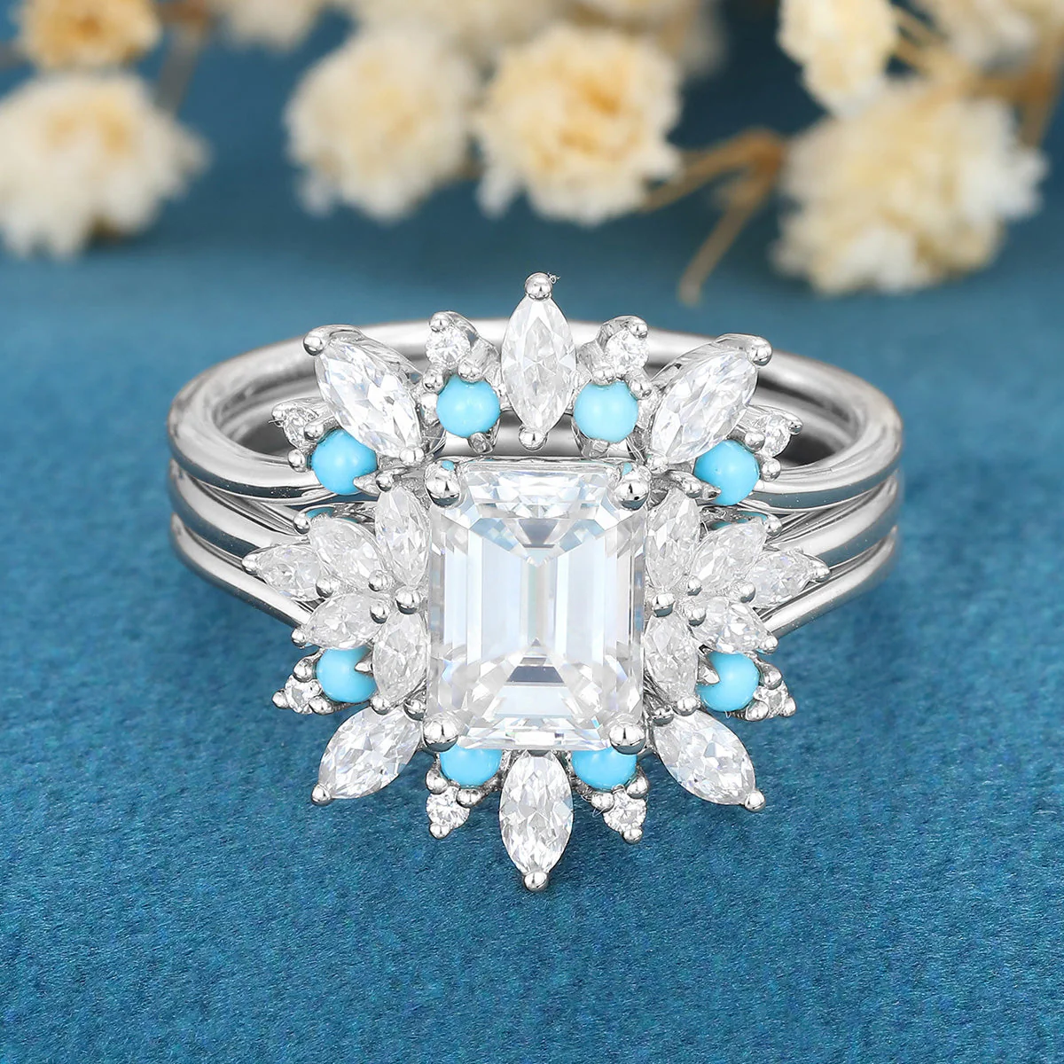 1.7Carat Emerald Moissanite Cluster Engagement ring Bridal Set - Image 6