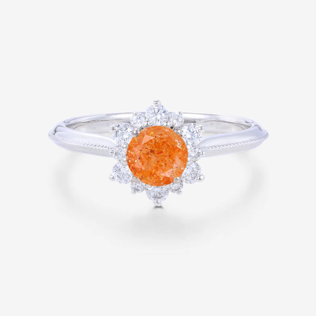 5mm Round cut Sun Stone Flower Halo Engagement ring
