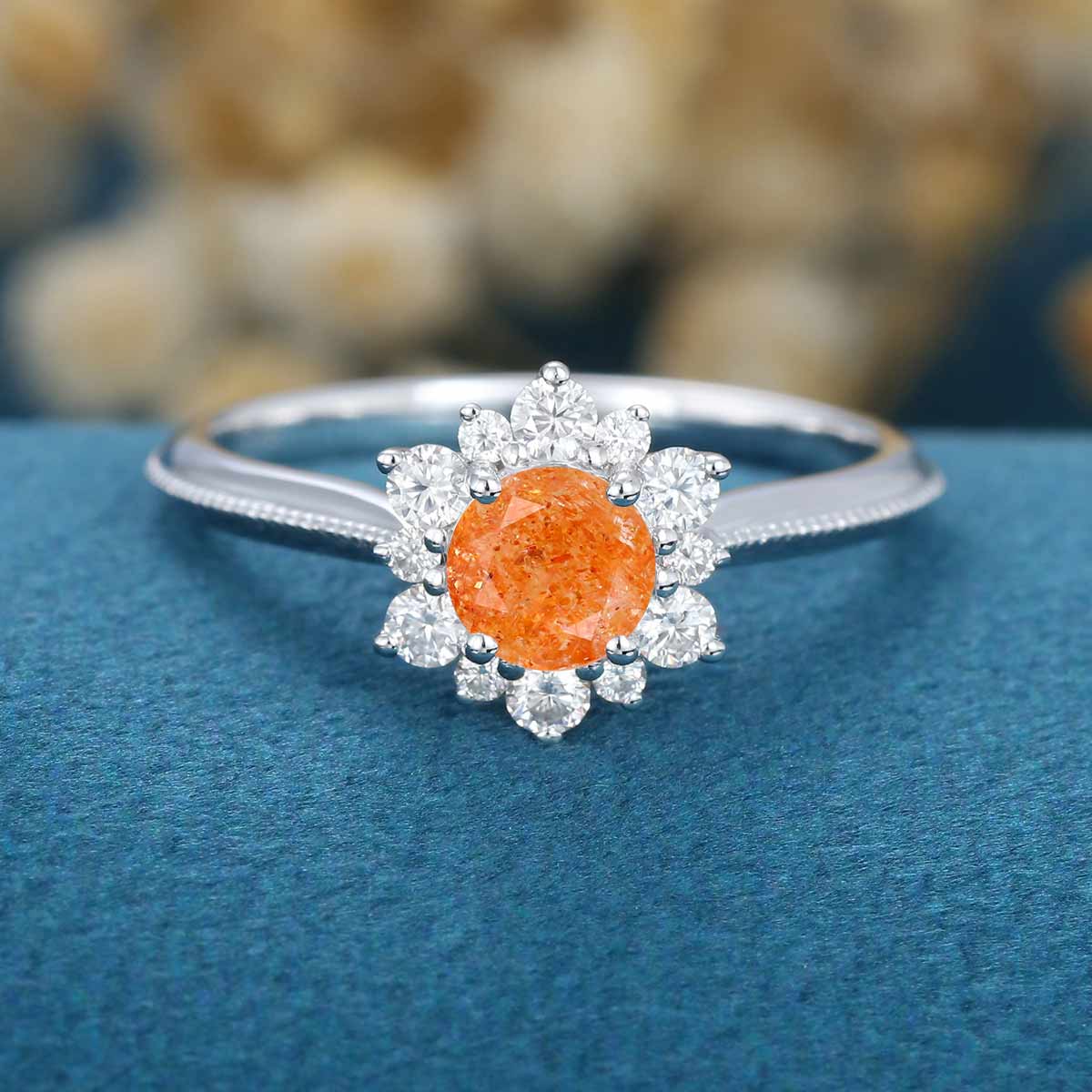 5mm Round cut Sun Stone Flower Halo Engagement ring - Image 2