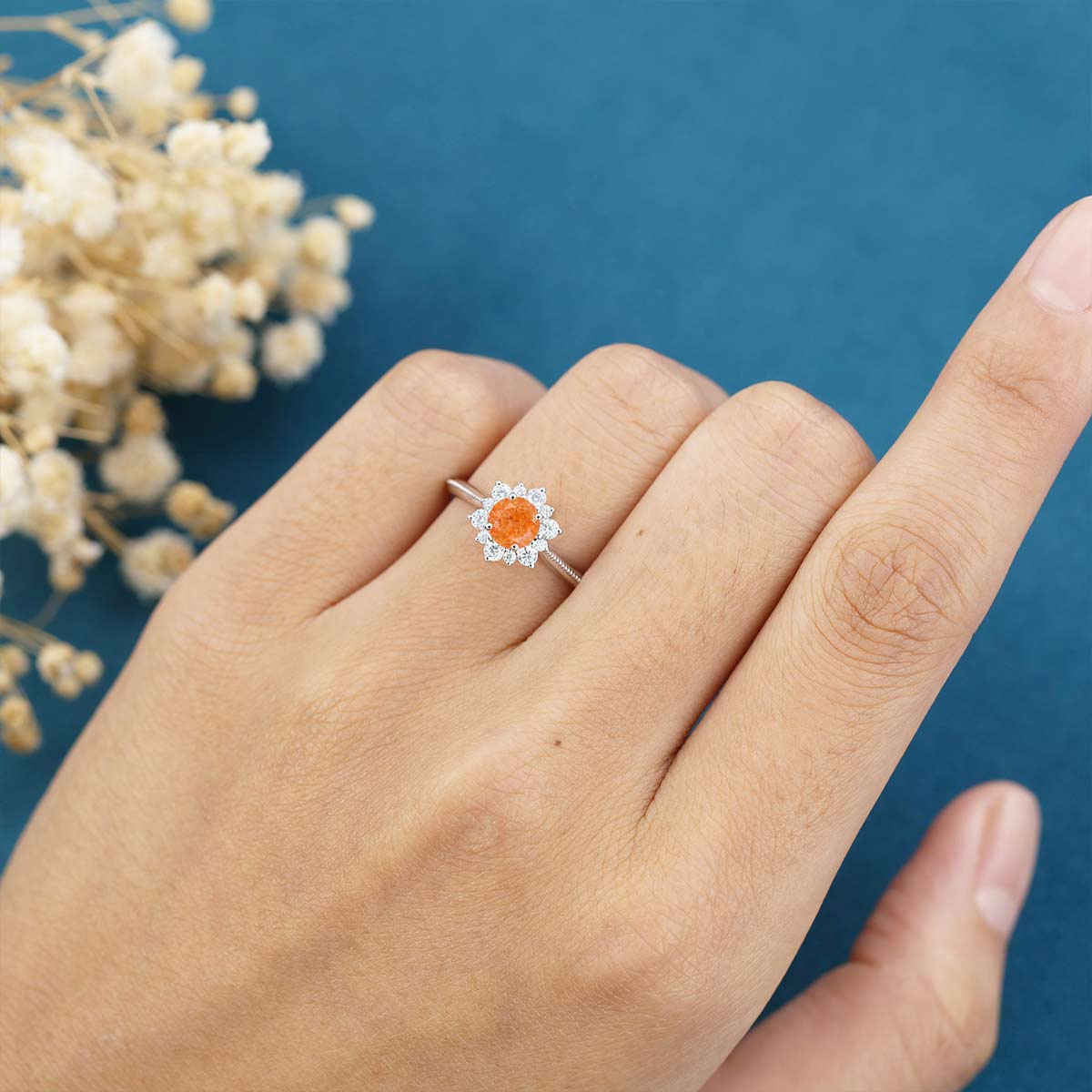 5mm Round cut Sun Stone Flower Halo Engagement ring - Image 3