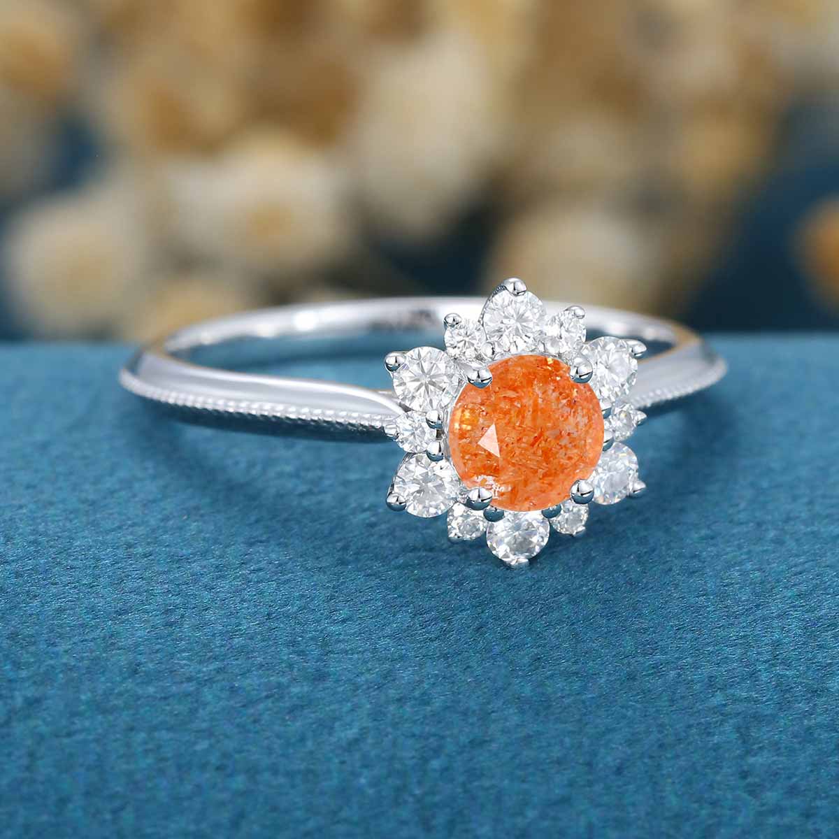 5mm Round cut Sun Stone Flower Halo Engagement ring - Image 4