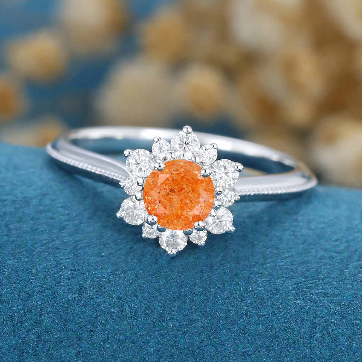 5mm Round cut Sun Stone Flower Halo Engagement ring - Image 5