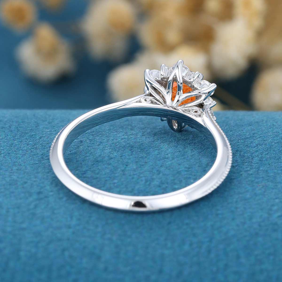5mm Round cut Sun Stone Flower Halo Engagement ring - Image 6