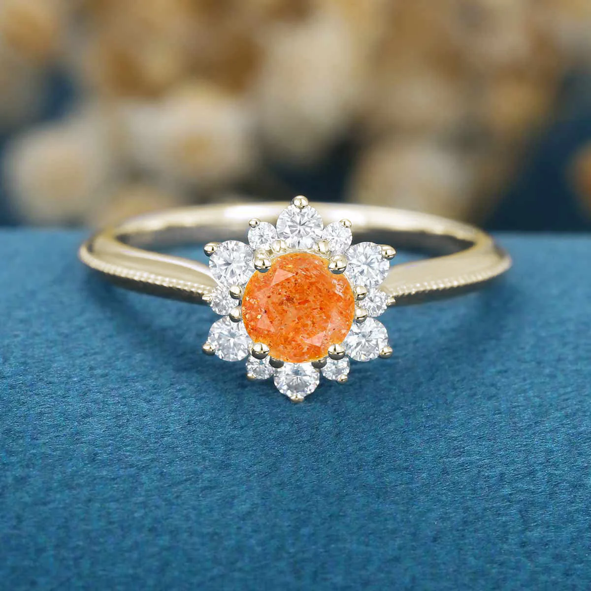 5mm Round cut Sun Stone Flower Halo Engagement ring - Image 7