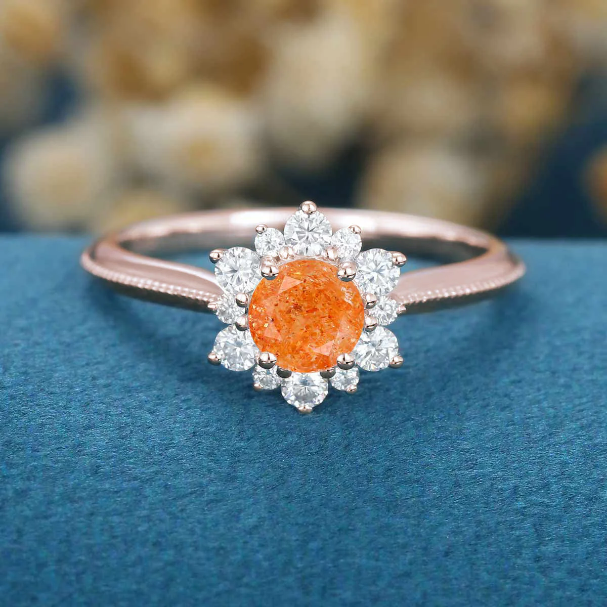 5mm Round cut Sun Stone Flower Halo Engagement ring - Image 8