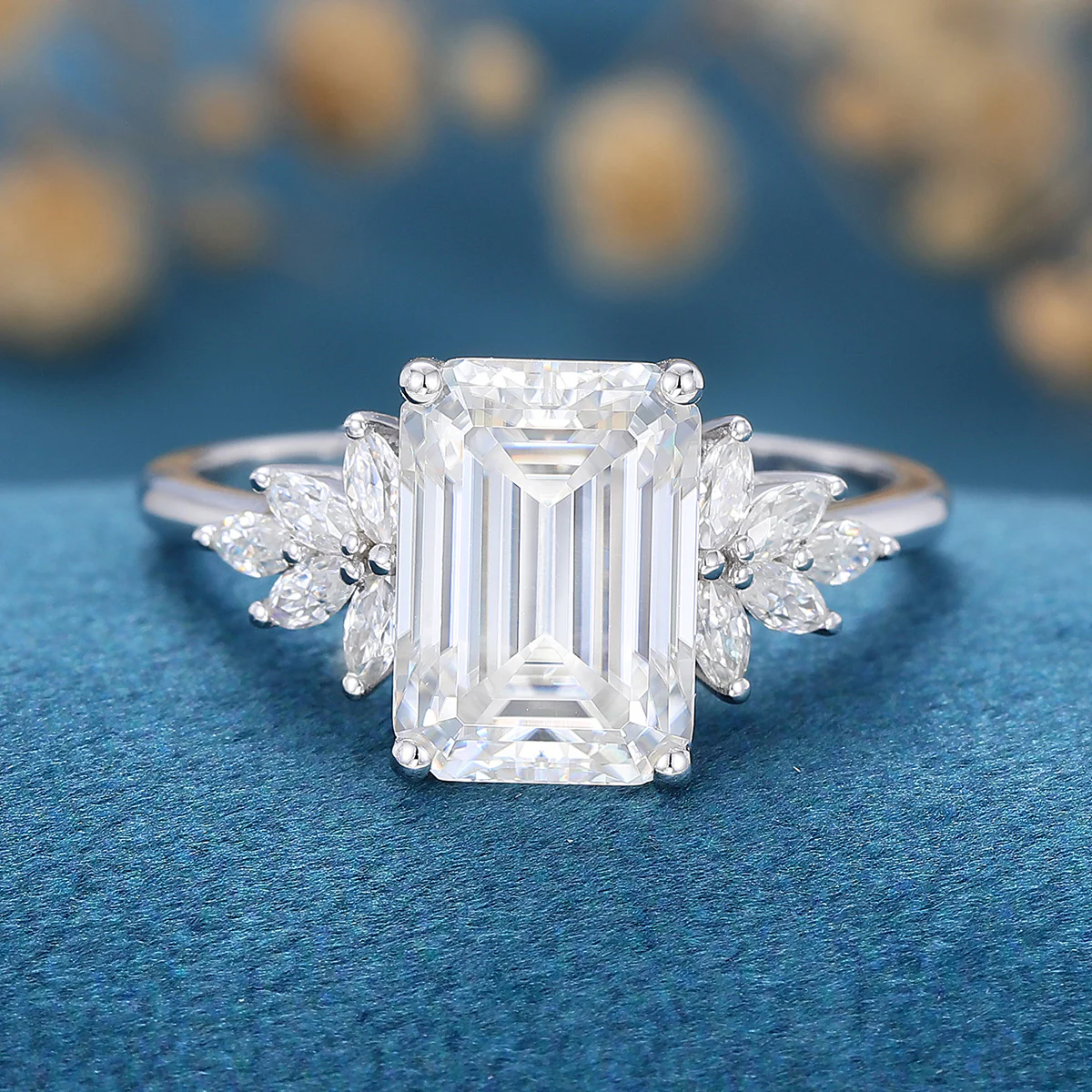 6*9mm 2.0 Carat Emerald cut Moissanite Cluster Engagement Ring - Image 3
