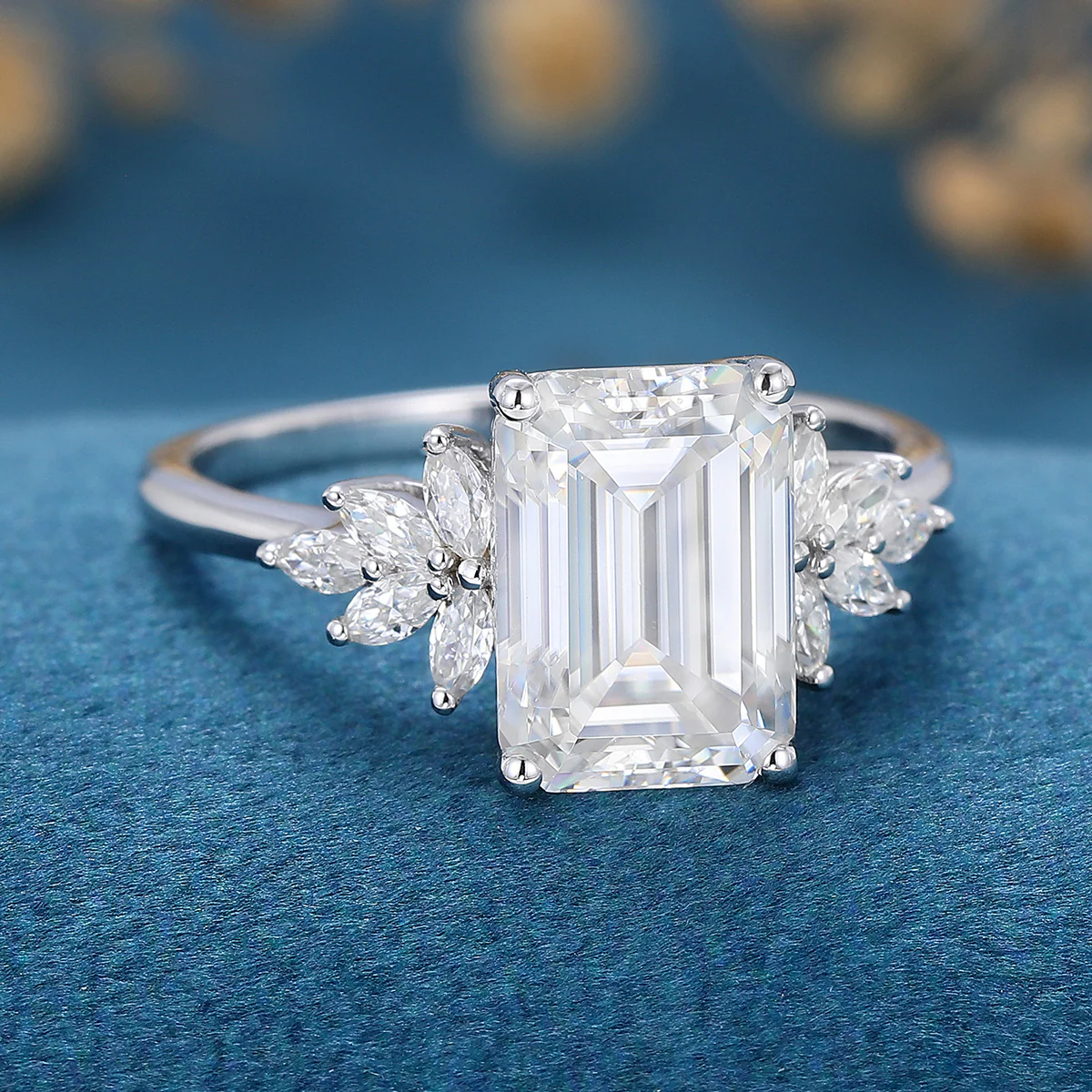 6*9mm 2.0 Carat Emerald cut Moissanite Cluster Engagement Ring - Image 4