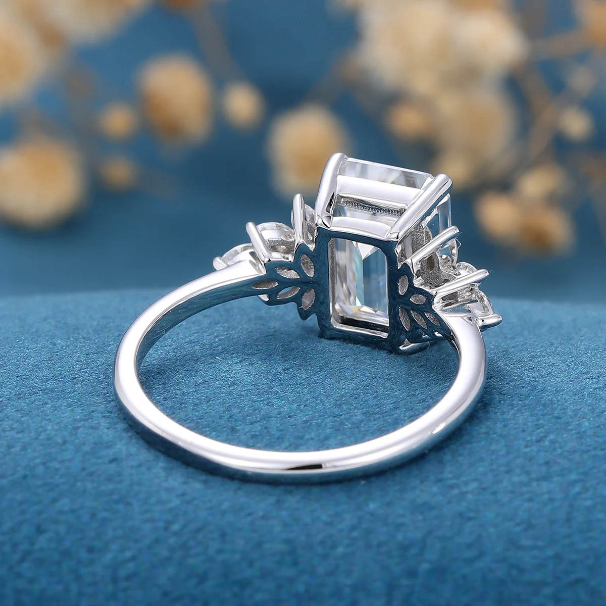 6*9mm 2.0 Carat Emerald cut Moissanite Cluster Engagement Ring - Image 5