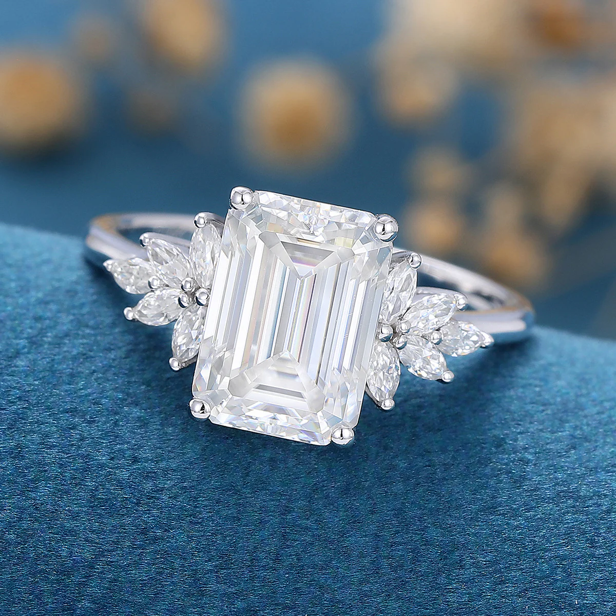 6*9mm 2.0 Carat Emerald cut Moissanite Cluster Engagement Ring - Image 6