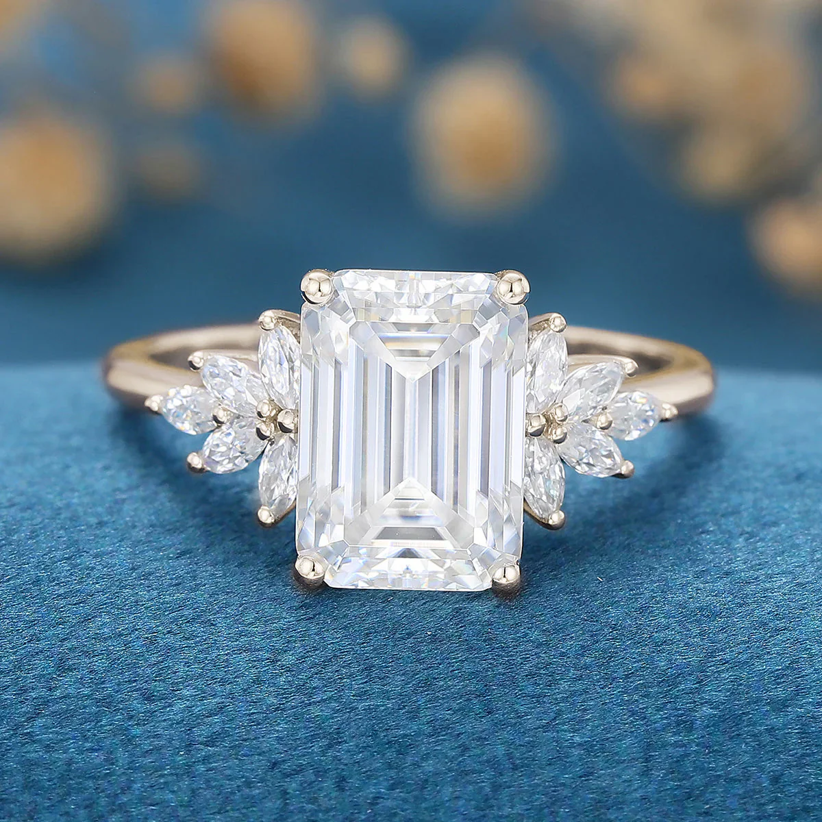 6*9mm 2.0 Carat Emerald cut Moissanite Cluster Engagement Ring - Image 7