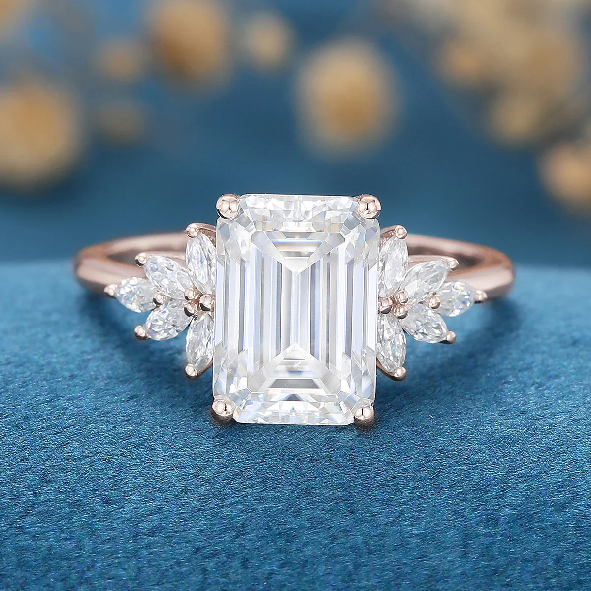 6*9mm 2.0 Carat Emerald cut Moissanite Cluster Engagement Ring - Image 8