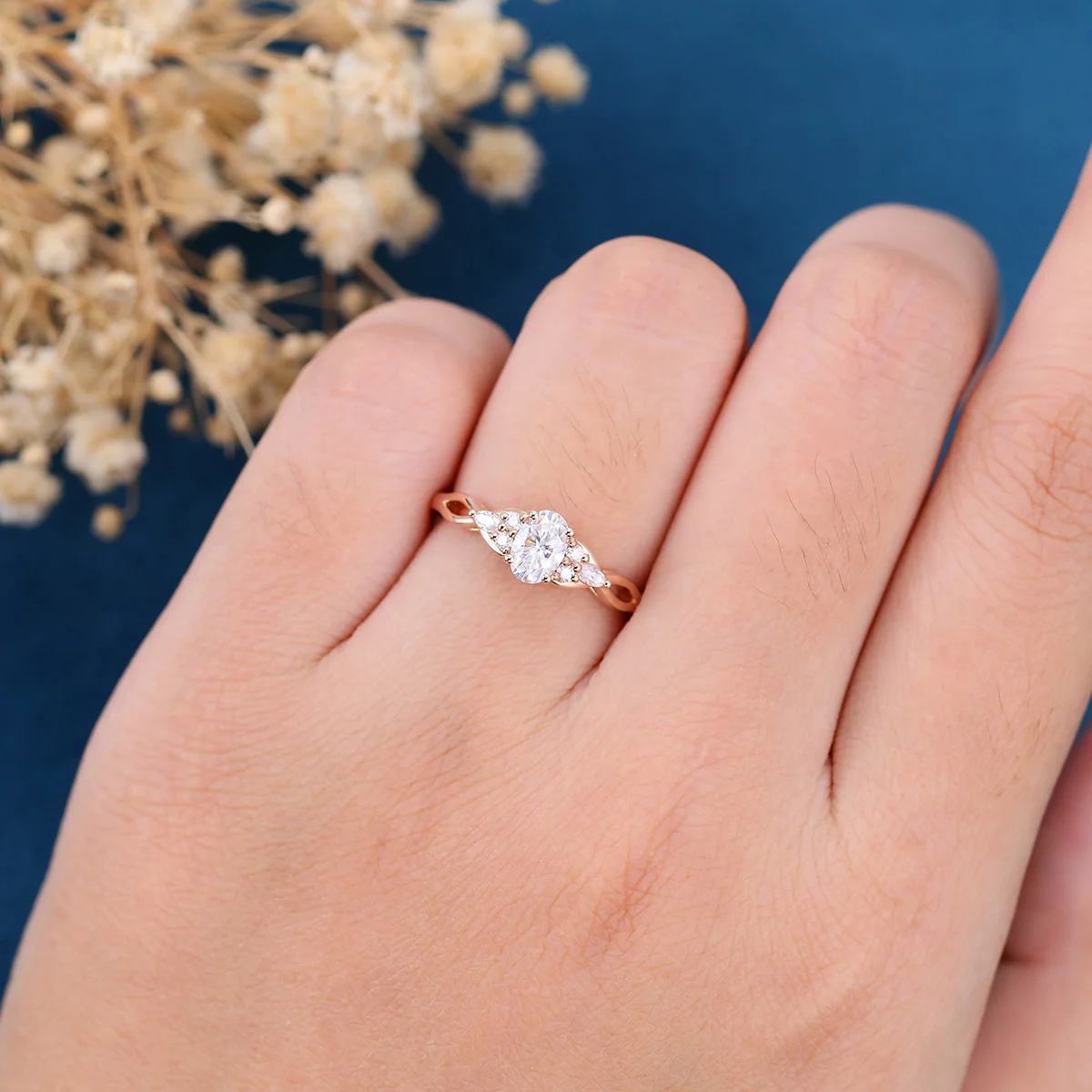 Oval cut Moissanite Cluster Engagement Ring - Image 2