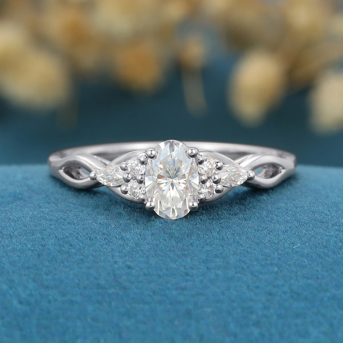 Oval cut Moissanite Cluster Engagement Ring - Image 8