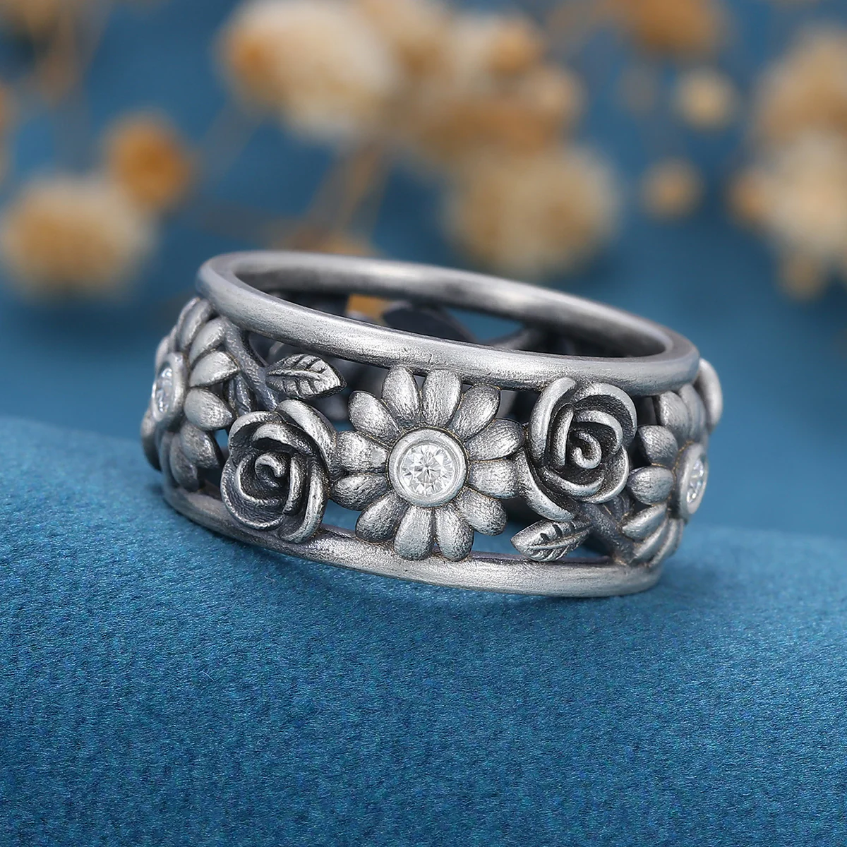 Antique Silver 925 Flower ring moissanite wedding band - Image 3