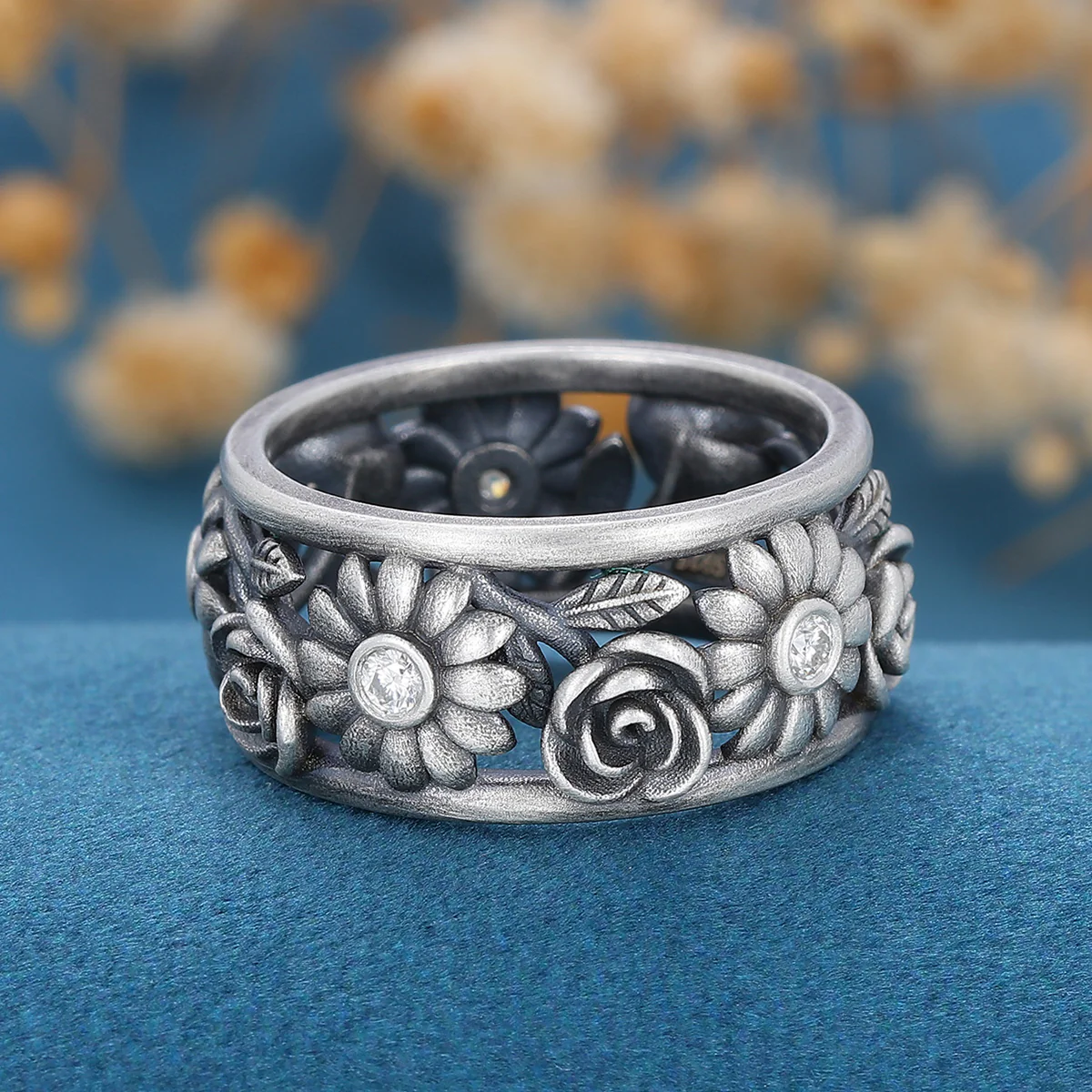 Antique Silver 925 Flower ring moissanite wedding band - Image 4