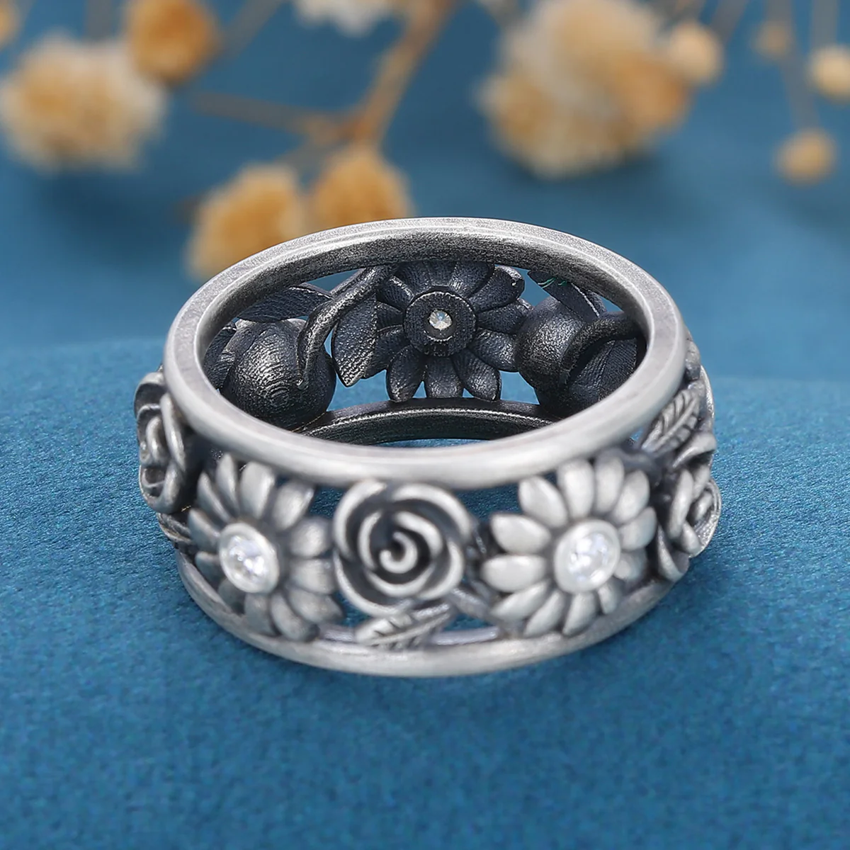 Antique Silver 925 Flower ring moissanite wedding band - Image 5