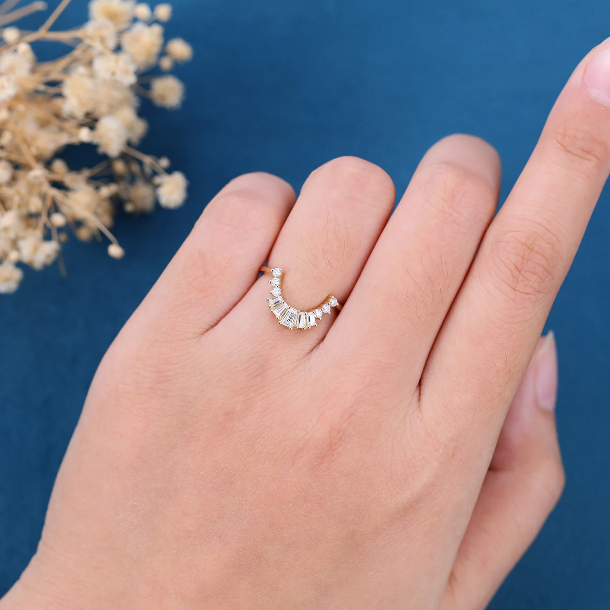 Baguette Cut Moissanite|Diamond Curved Wedding Band - Image 2