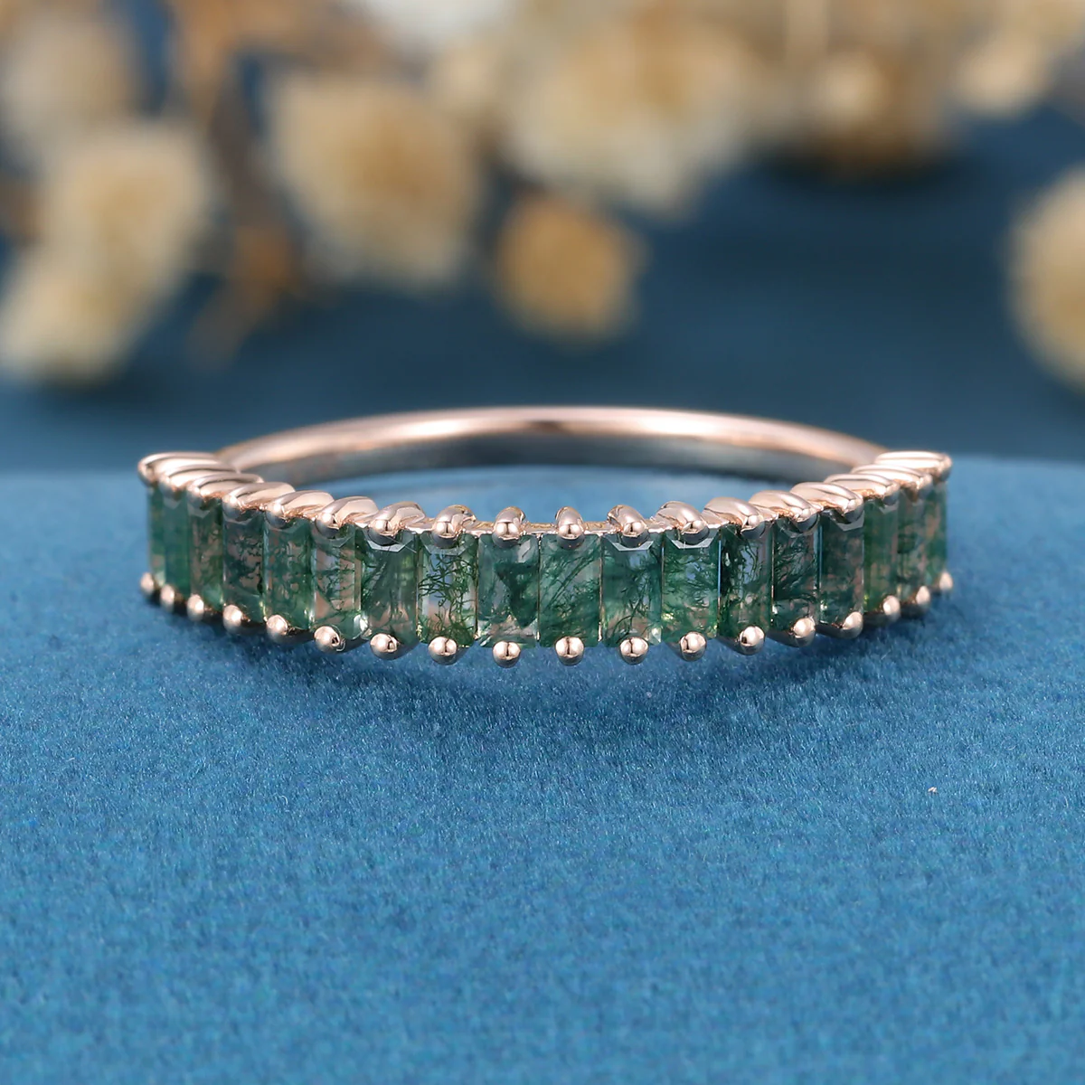 Baguette Moss Agate Half Eternity Wedding Band - Image 3