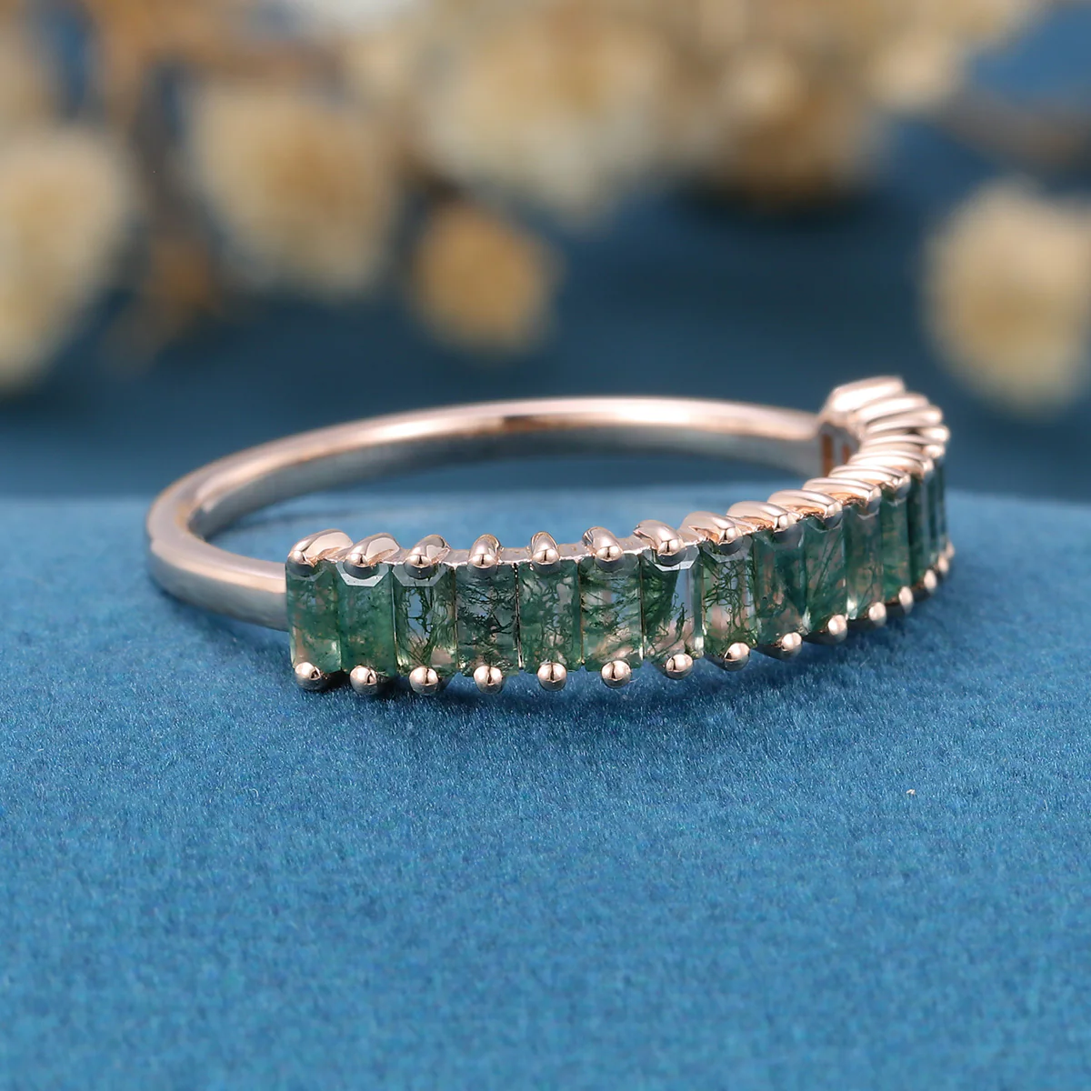 Baguette Moss Agate Half Eternity Wedding Band - Image 4