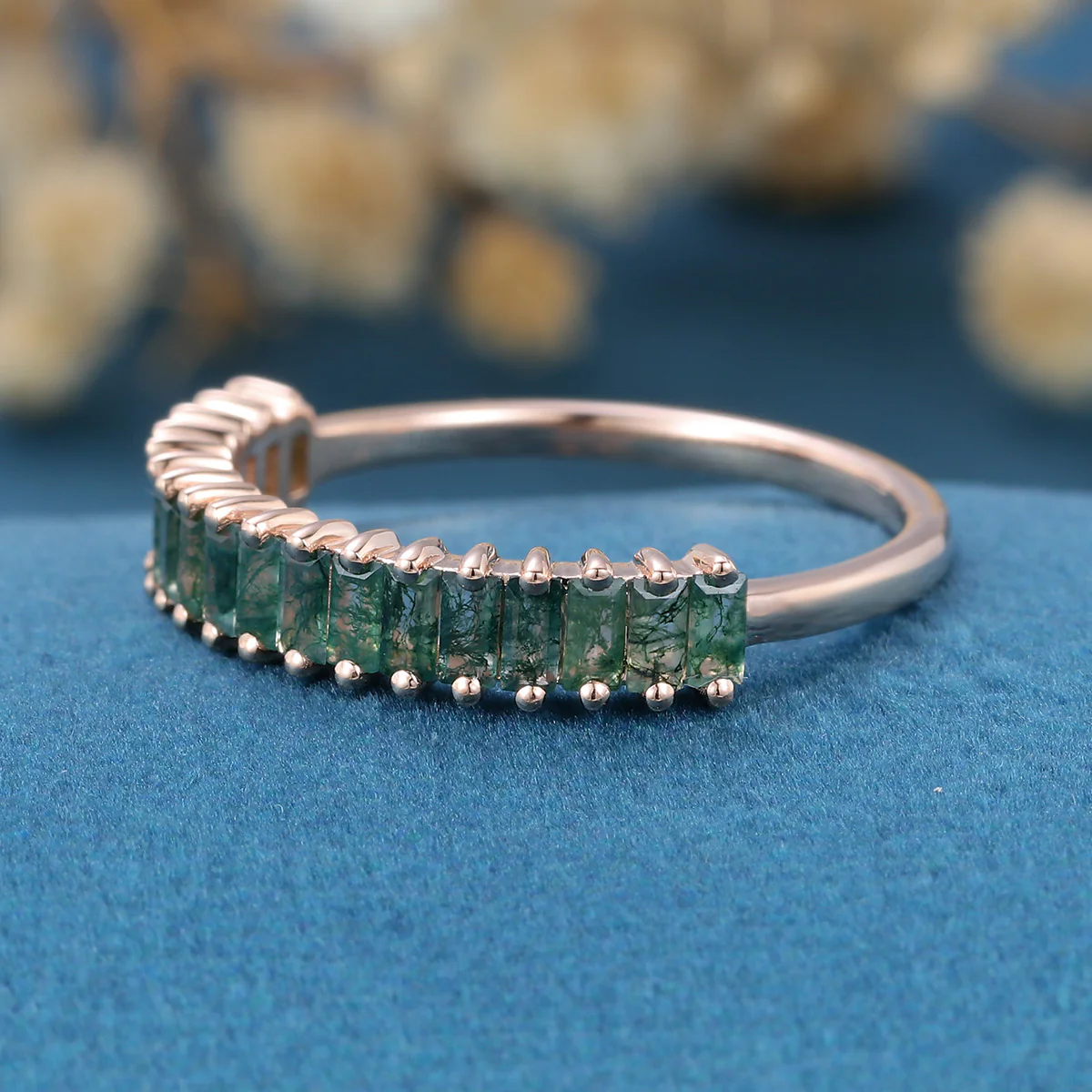 Baguette Moss Agate Half Eternity Wedding Band - Image 5