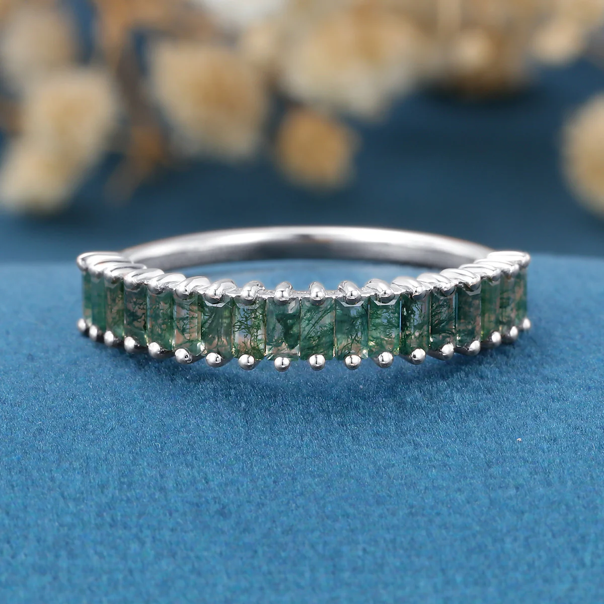 Baguette Moss Agate Half Eternity Wedding Band - Image 7