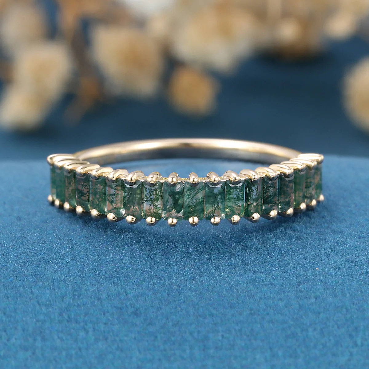 Baguette Moss Agate Half Eternity Wedding Band - Image 8