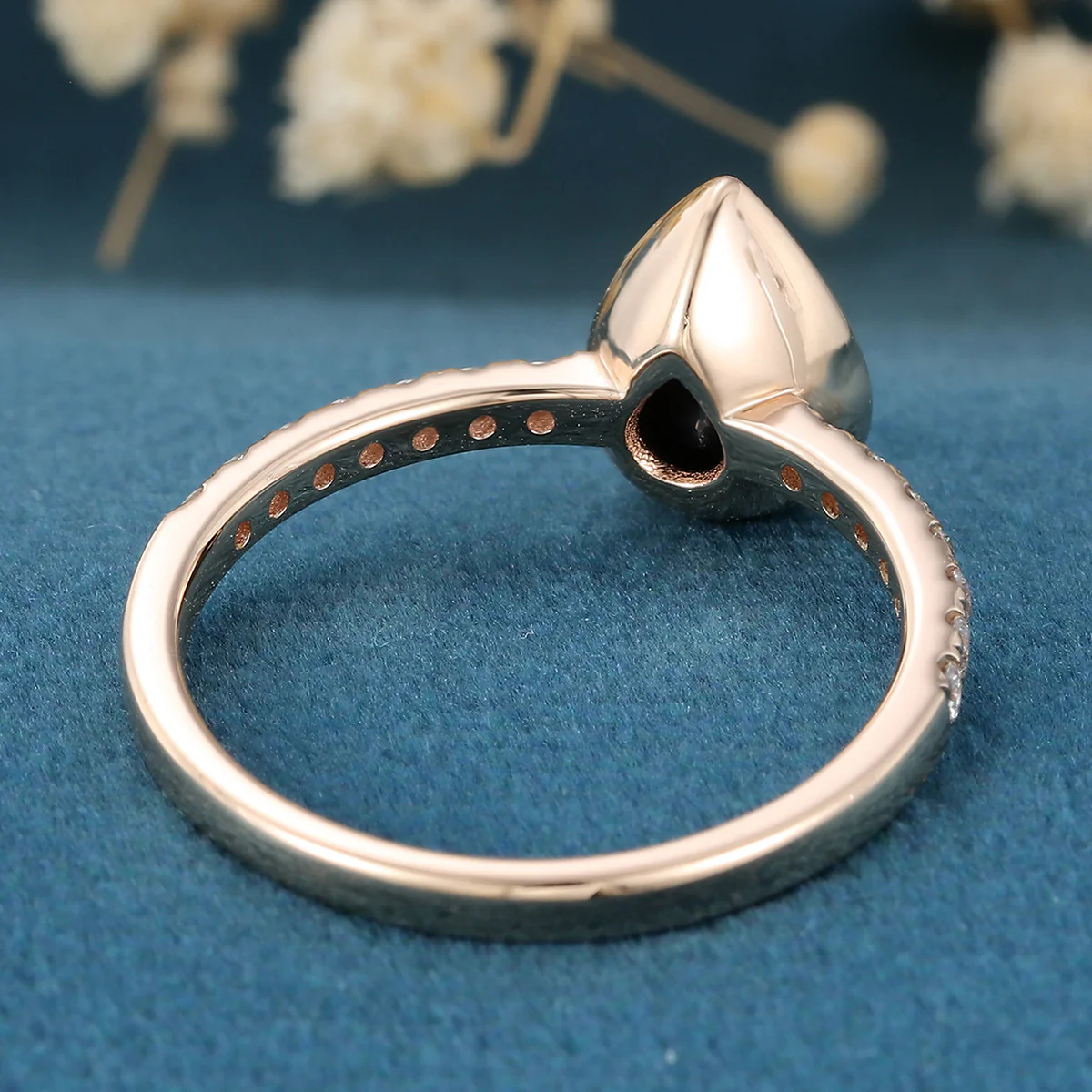 Bezel Set Pear cut Black Onyx Half Eternity Gold Engagement Ring - Image 3