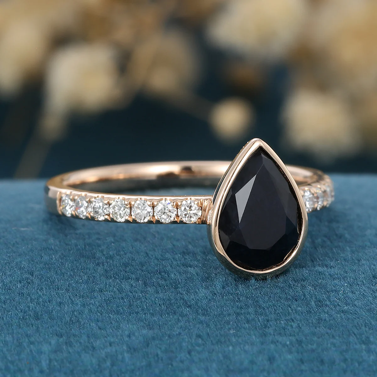 Bezel Set Pear cut Black Onyx Half Eternity Gold Engagement Ring - Image 5