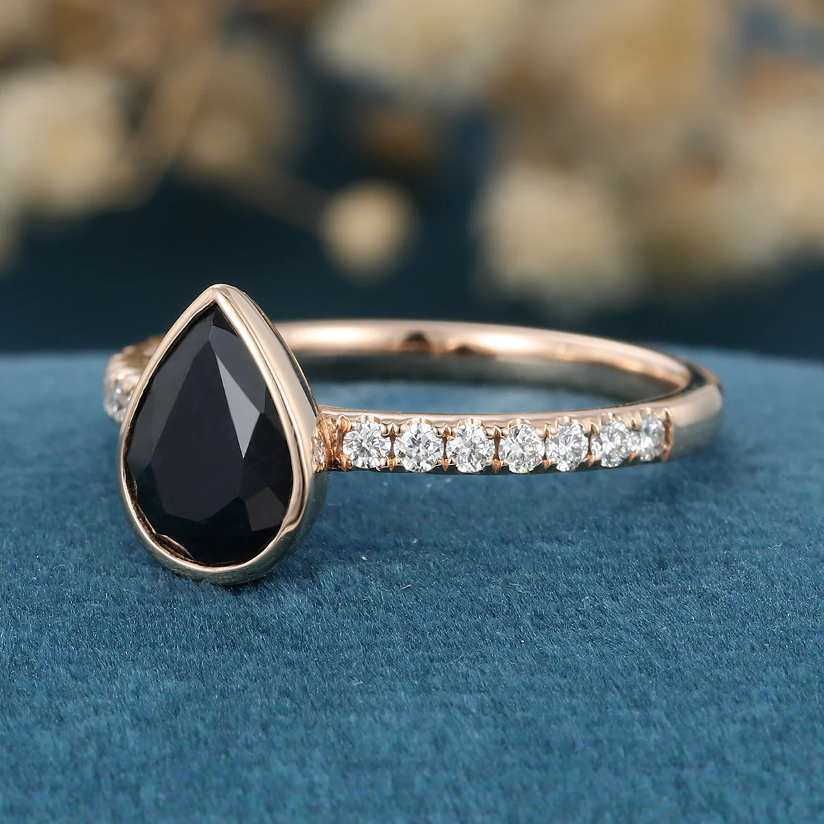 Bezel Set Pear cut Black Onyx Half Eternity Gold Engagement Ring - Image 6