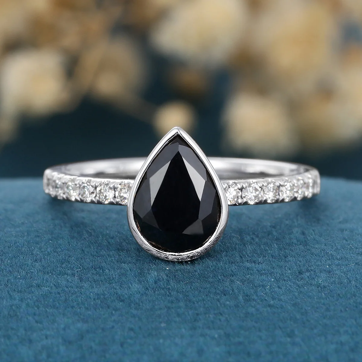 Bezel Set Pear cut Black Onyx Half Eternity Gold Engagement Ring - Image 7