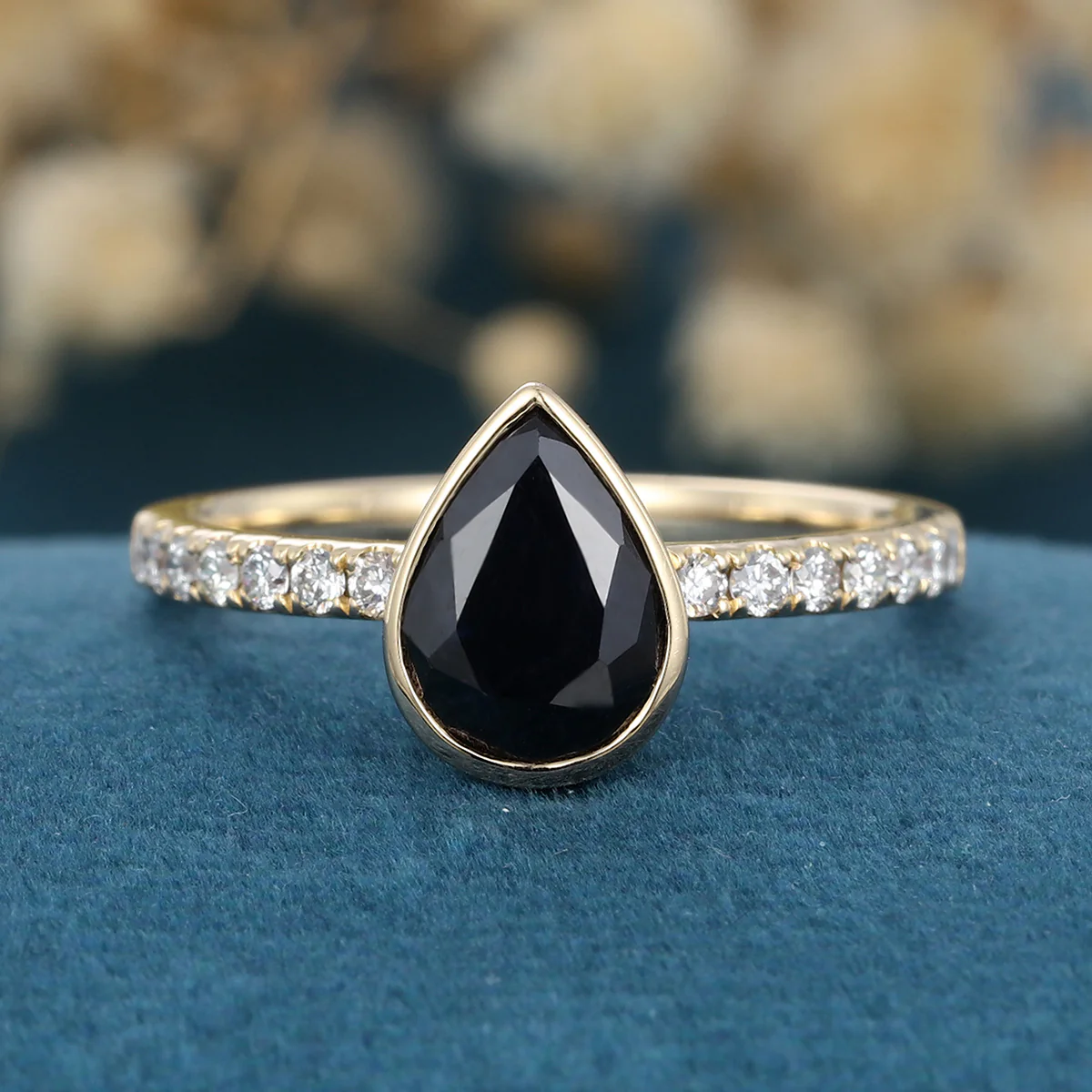Bezel Set Pear cut Black Onyx Half Eternity Gold Engagement Ring - Image 8