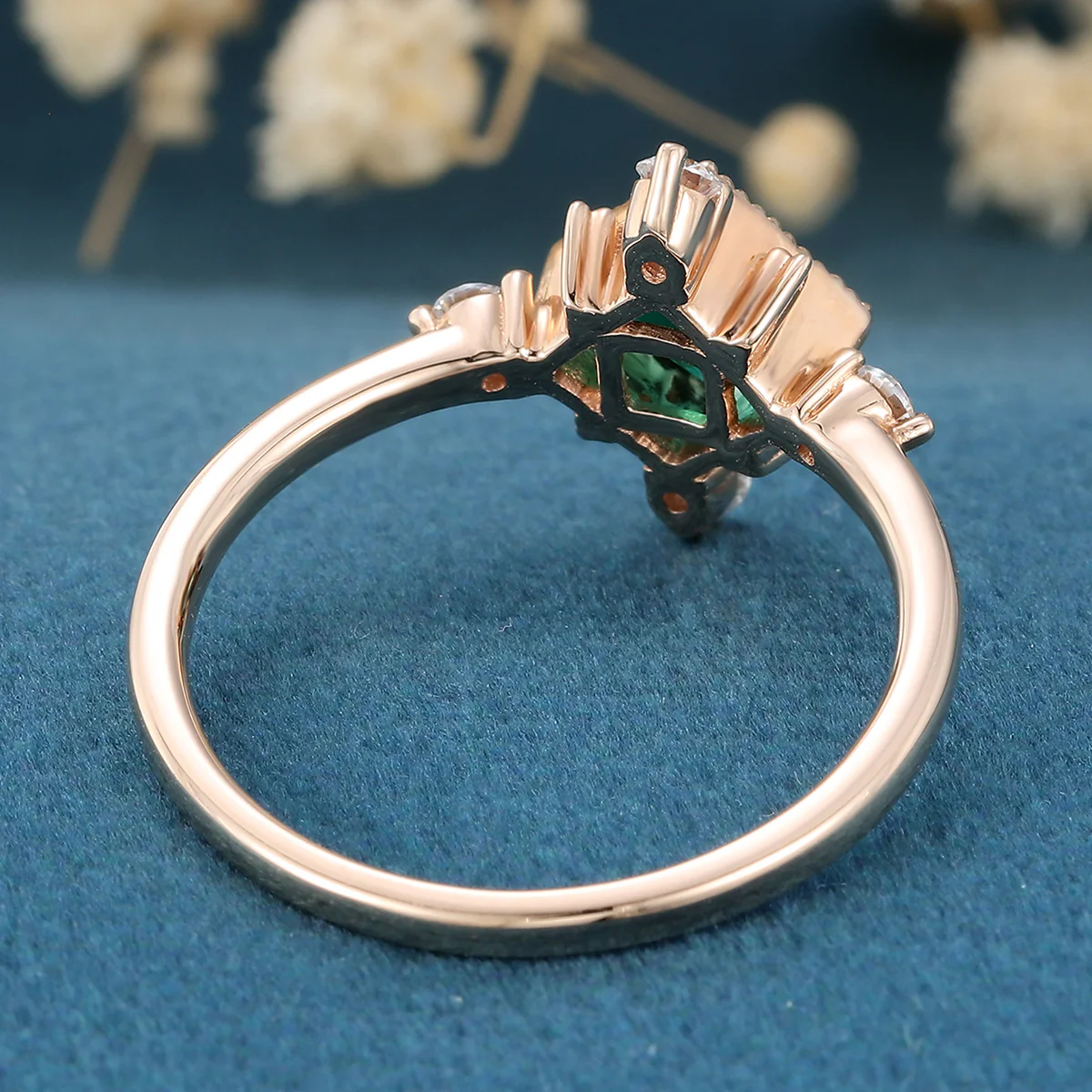 Bezel Set Princess Cut Lab Emerald Halo Moissanite | Diamond Gold Engagement Ring - Image 3