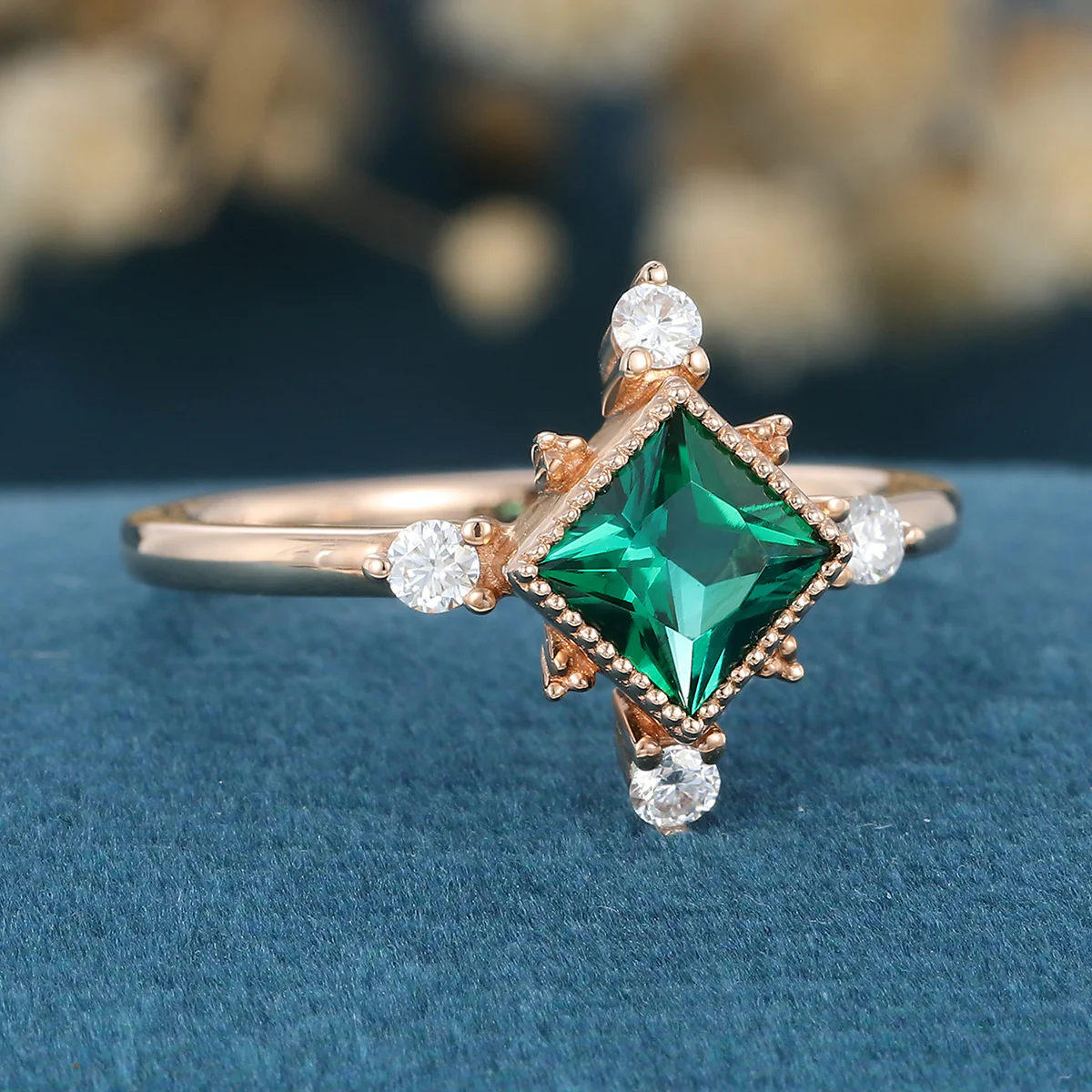 Bezel Set Princess Cut Lab Emerald Halo Moissanite | Diamond Gold Engagement Ring - Image 5