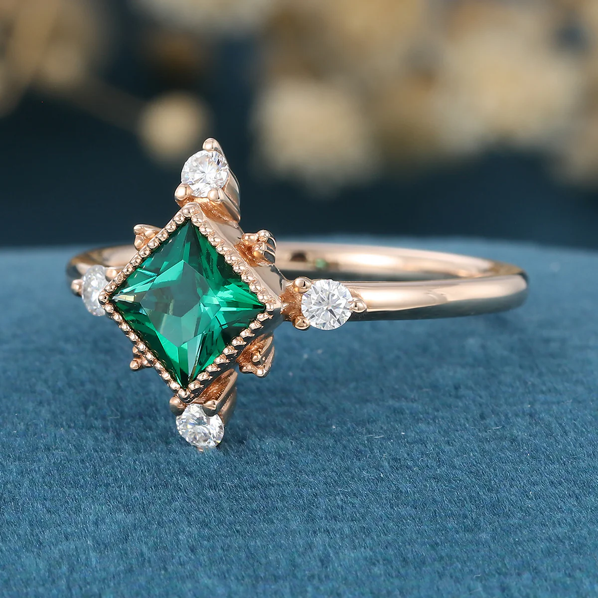 Bezel Set Princess Cut Lab Emerald Halo Moissanite | Diamond Gold Engagement Ring - Image 6