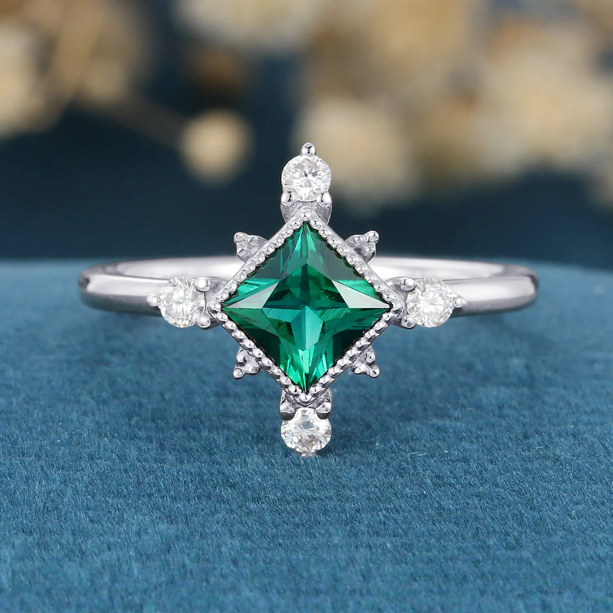 Bezel Set Princess Cut Lab Emerald Halo Moissanite | Diamond Gold Engagement Ring - Image 7