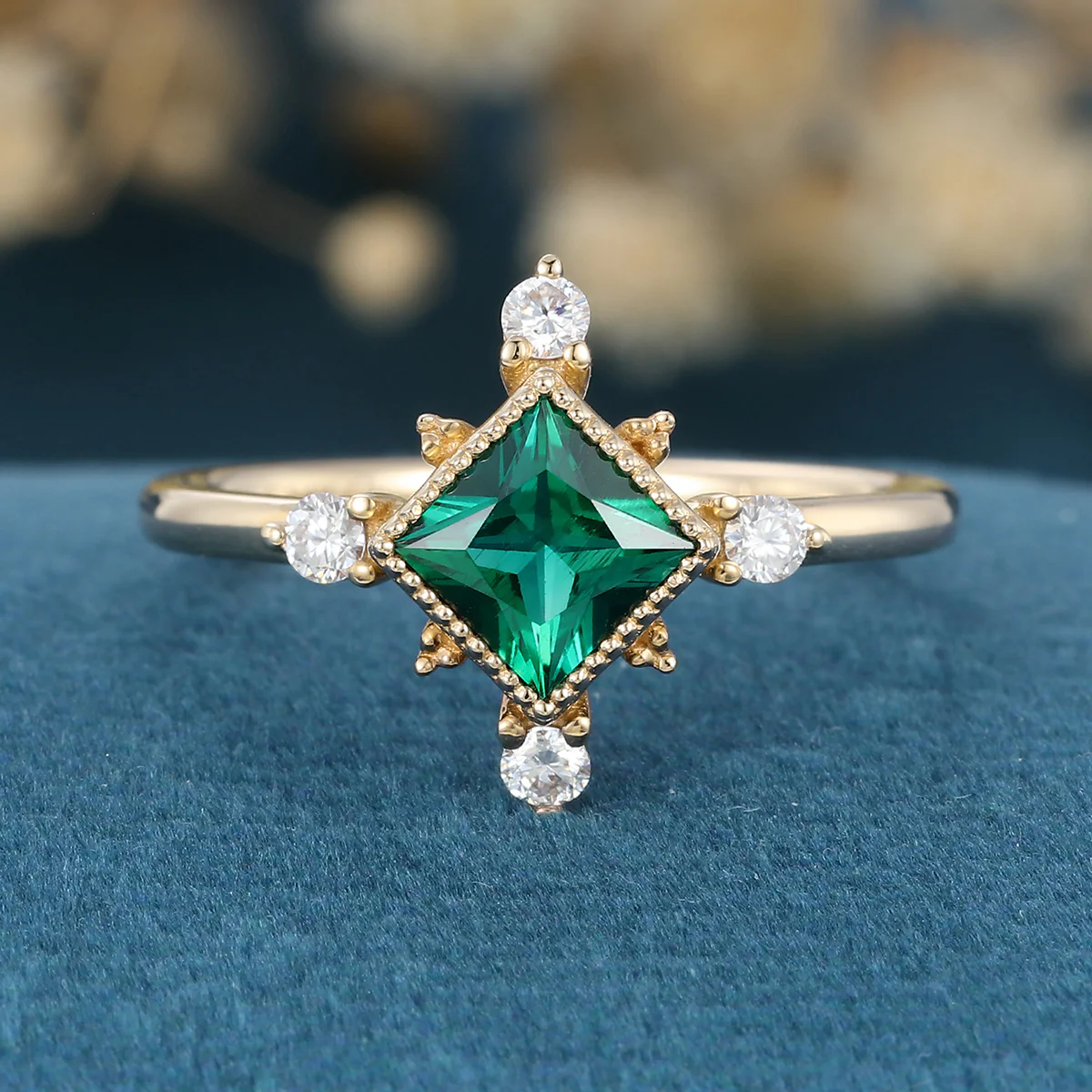 Bezel Set Princess Cut Lab Emerald Halo Moissanite | Diamond Gold Engagement Ring - Image 8