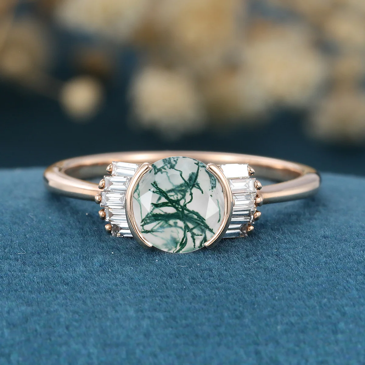Bezel Set Rose cut Moss Agate Gold Engagement Ring - Image 3