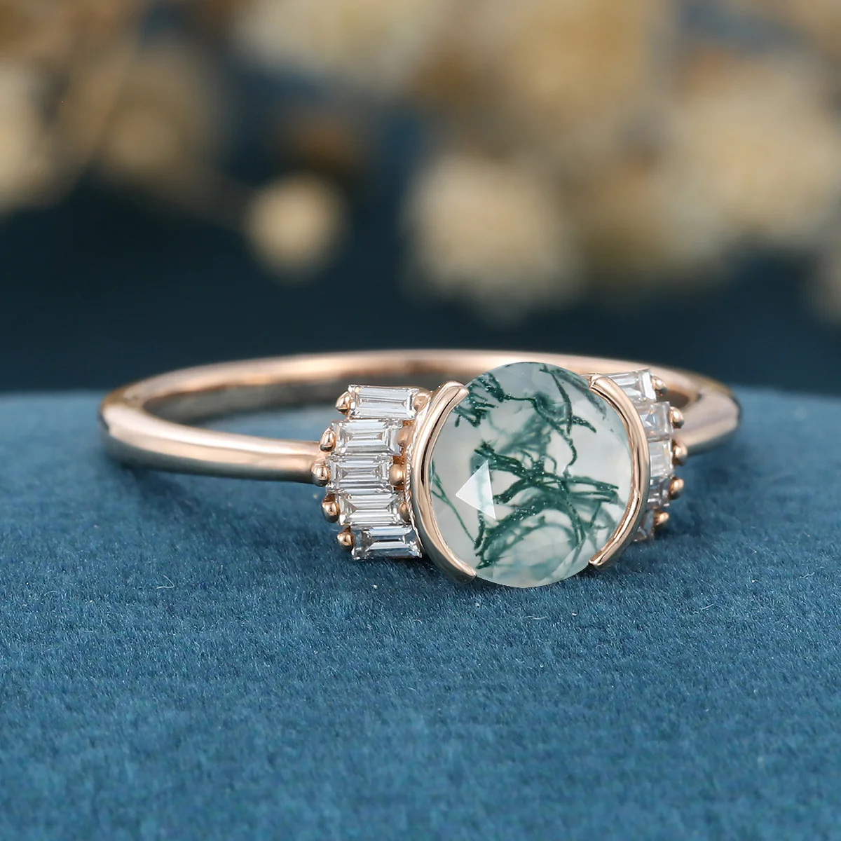 Bezel Set Rose cut Moss Agate Gold Engagement Ring - Image 4