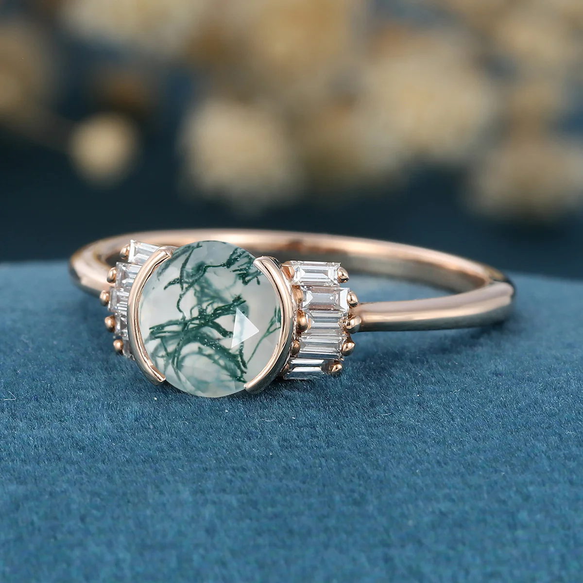 Bezel Set Rose cut Moss Agate Gold Engagement Ring - Image 5