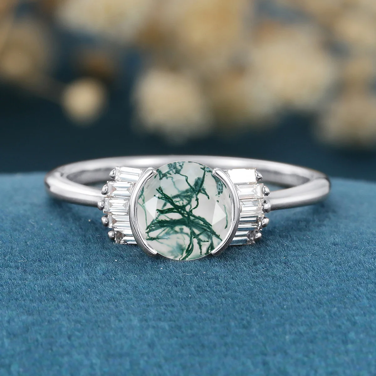 Bezel Set Rose cut Moss Agate Gold Engagement Ring - Image 6