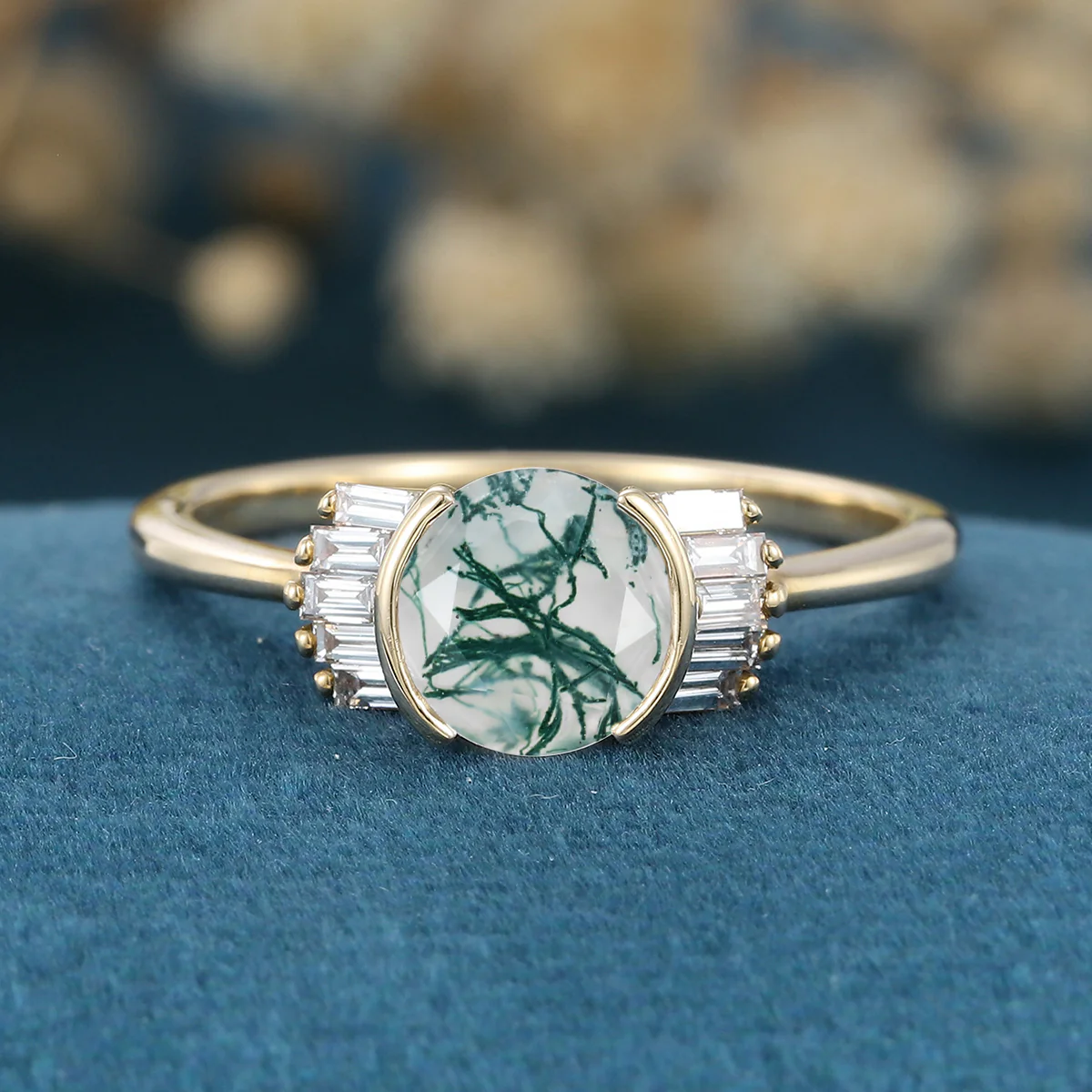 Bezel Set Rose cut Moss Agate Gold Engagement Ring - Image 7