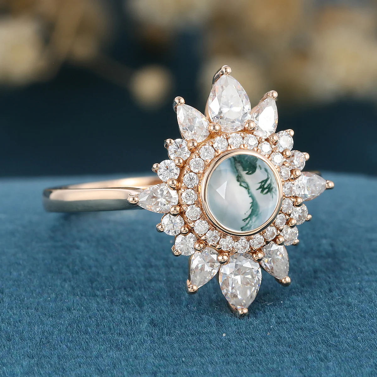 Bezel Set Round cut Halo Moss Agate Gold Engagement Ring - Image 4