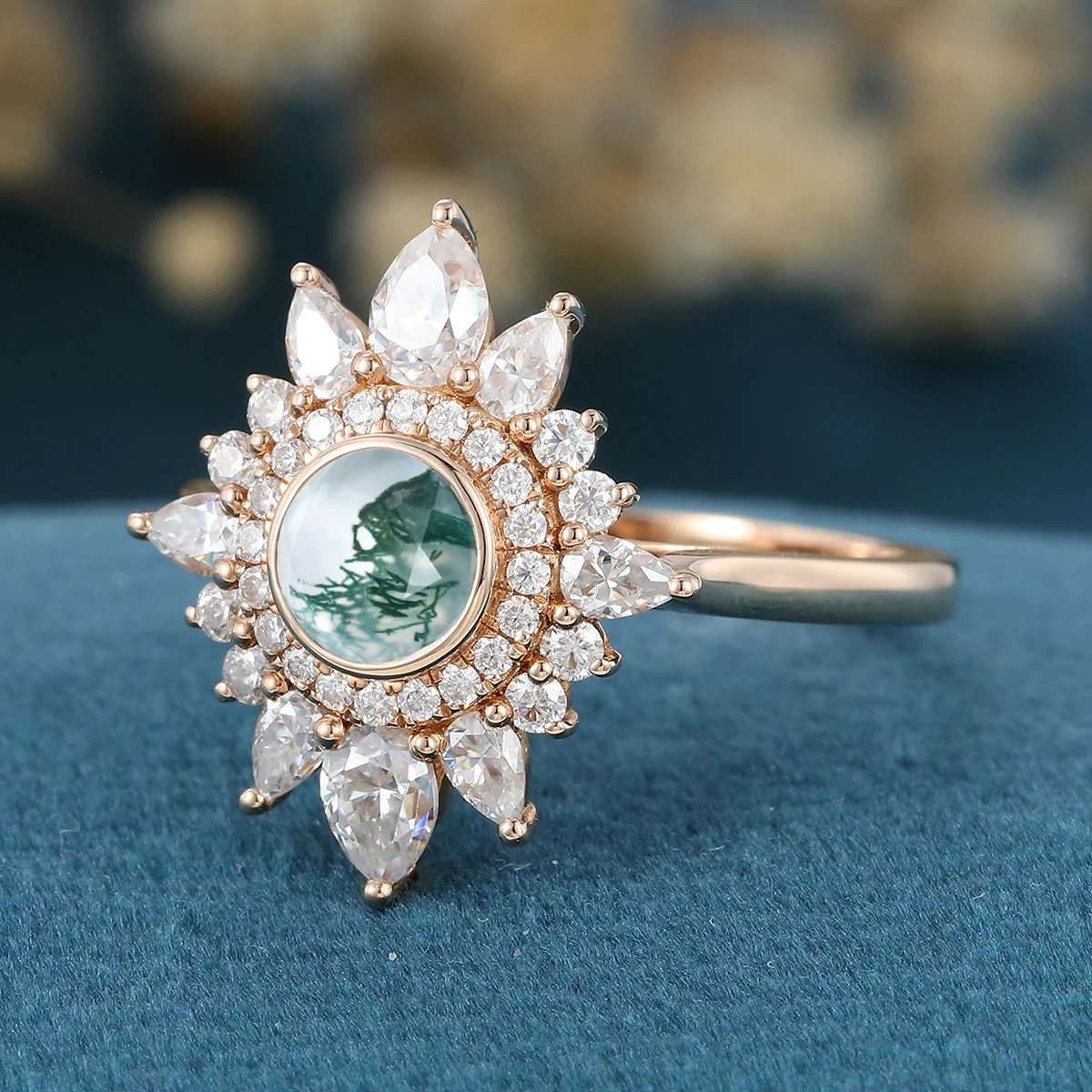 Bezel Set Round cut Halo Moss Agate Gold Engagement Ring - Image 5
