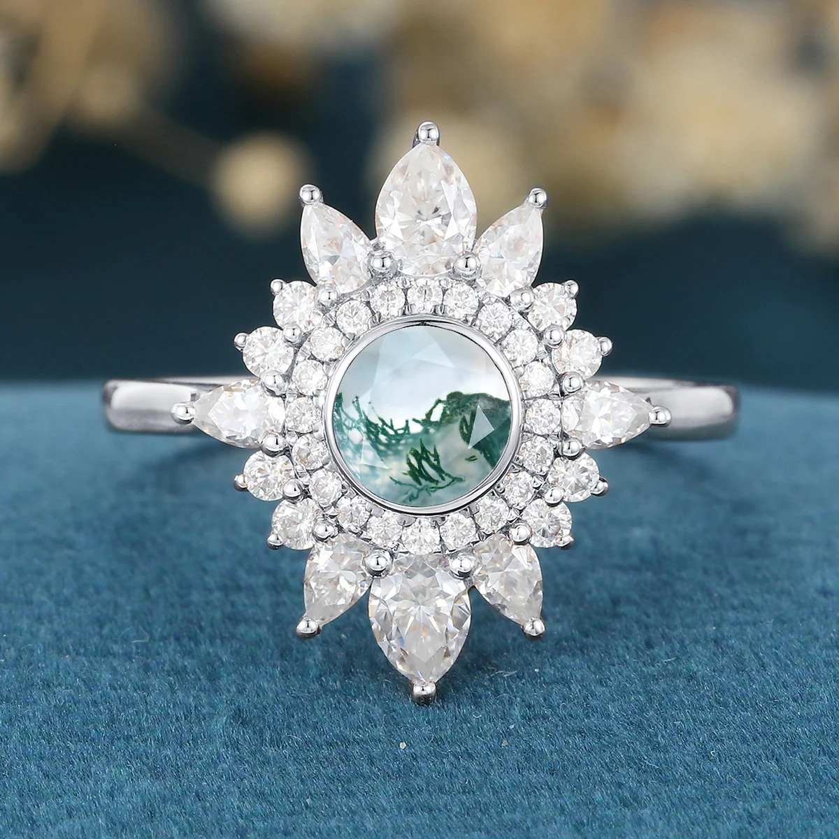 Bezel Set Round cut Halo Moss Agate Gold Engagement Ring - Image 7